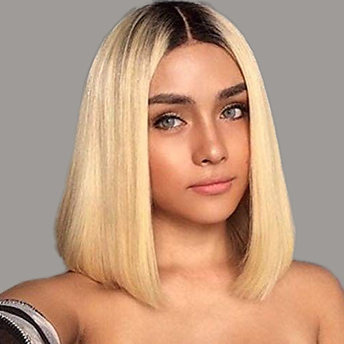 

Unprocessed Human Hair Lace Front Wig Bob Middle Part Deep Parting Kardashian style Brazilian Hair Yaki Straight Blonde Wig 150% Density Best Quality Hot Sale Thick with Clip Women's Medium Length