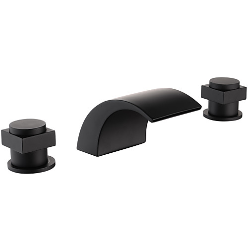 

Bathroom Sink Faucet - Waterfall / Widespread / Premium Design Black Deck Mounted Two Handles Three HolesBath Taps