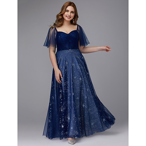 

A-Line Plus Size Prom Formal Evening Dress Sweetheart Neckline Short Sleeve Floor Length Tulle with Beading Pattern / Print 2021