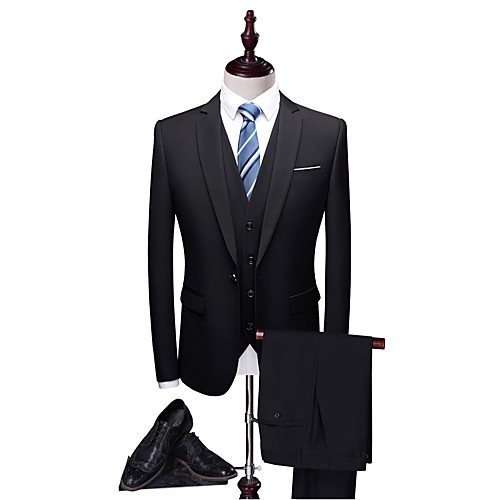 

Solid Colored Tailored Fit Polyester Suit - Notch Single Breasted One-button / Suits