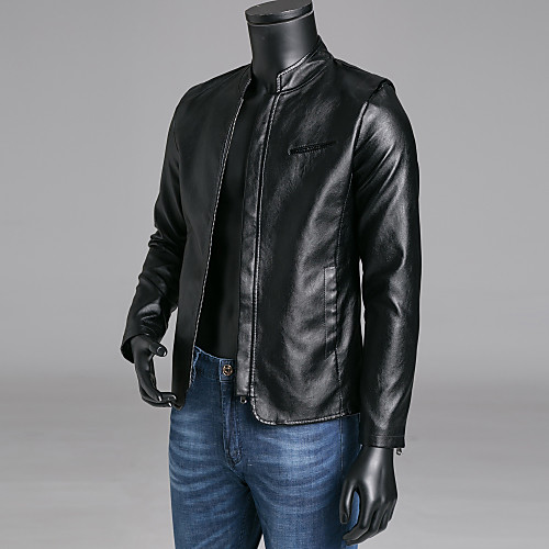 

Men's Leather Jackets Solid Colored Fall Faux Leather Jacket Regular Daily Long Sleeve PU Coat Tops Black