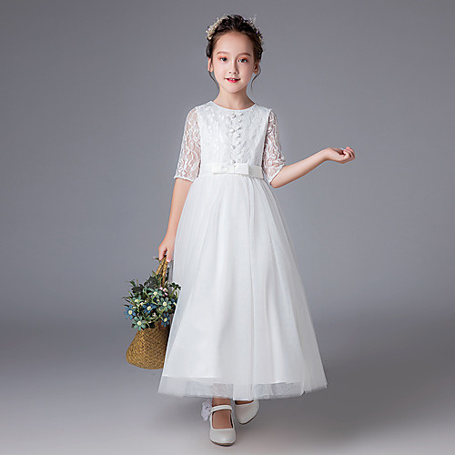 

Princess Ankle Length Wedding / First Communion Flower Girl Dresses - Polyester Half Sleeve Jewel Neck with Lace