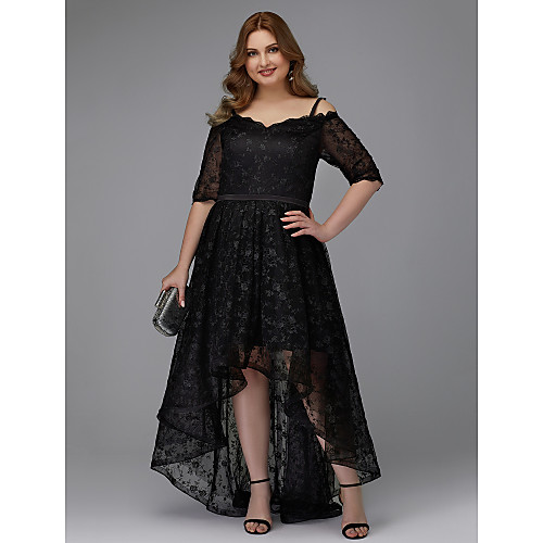 

A-Line Plus Size Cocktail Party Prom Dress Spaghetti Strap Half Sleeve Asymmetrical Lace with Pleats Lace Insert 2021