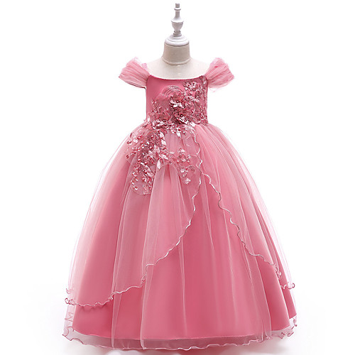 

Princess Floor Length Party / Pageant Flower Girl Dresses - Polyester Short Sleeve Off Shoulder with Lace / Embroidery