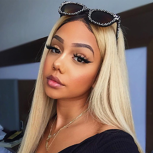 

Virgin Human Hair Remy Human Hair 360 Frontal Wig Avril style Peruvian Hair Straight Blonde Wig 150% Density with Baby Hair Silky Ombre Hair Dark Roots Natural Hairline Women's Long Human Hair Lace