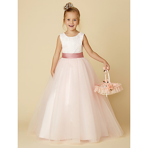 

Princess Floor Length Wedding / Birthday / Pageant Flower Girl Dresses - Satin / Tulle Sleeveless Jewel Neck with Lace / Appliques