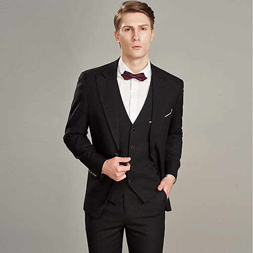 

Solid Colored Tailored Fit Wool / Polyster Suit - Peak Single Breasted Two-buttons / Suits