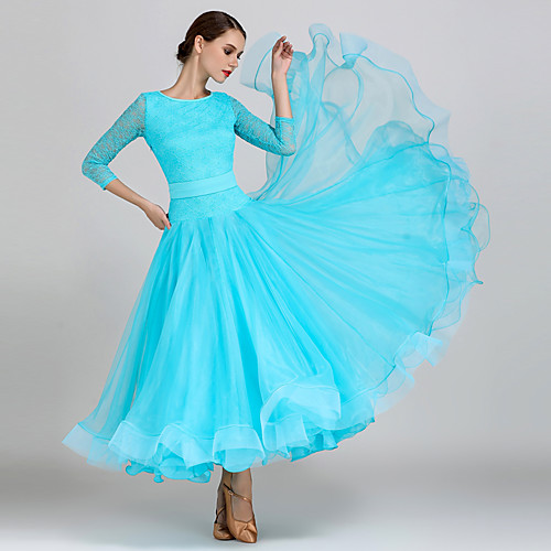 

Ballroom Dance Dress Lace Women's Training Performance 3/4 Length Sleeve High Lace Organza