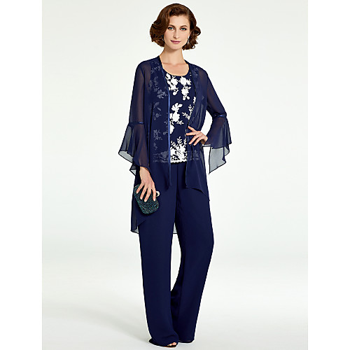 

Pantsuit / Jumpsuit Mother of the Bride Dress Wrap Included Jewel Neck Floor Length Chiffon Lace Long Sleeve with Pattern / Print 2021