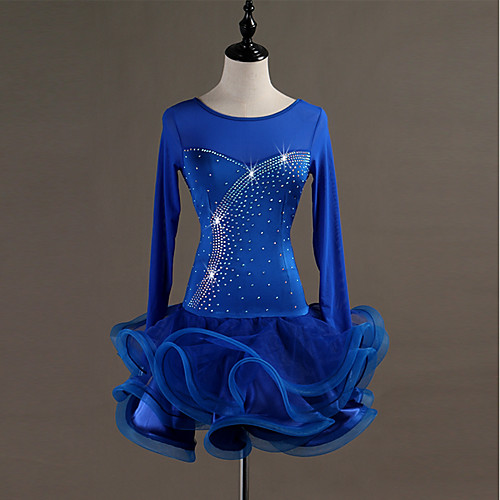 

Latin Dance Dress Crystals / Rhinestones Women's Training Performance Long Sleeve High Spandex Tulle