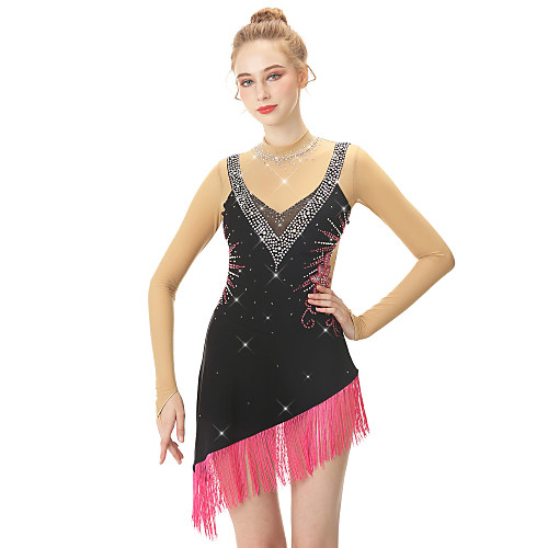 

21Grams Figure Skating Dress Women's Girls' Ice Skating Dress Black Asymmetric Hem Spandex Stretch Yarn High Elasticity Professional Competition Skating Wear Handmade Fashion Long Sleeve Ice Skating