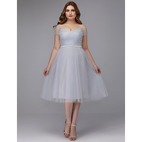 

A-Line Elegant Cocktail Party Prom Dress Off Shoulder Short Sleeve Tea Length Tulle with Sash / Ribbon Criss Cross 2021