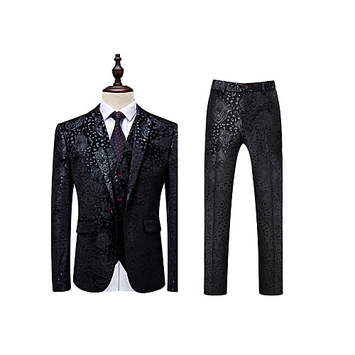 

Black Floral Acrylic / Cotton / Polyester Men's Suit - Peaked Lapel / Party / Long Sleeve / Plus Size