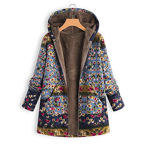 

Women's Floral Print Print Vintage Fall & Winter Coat Long Daily Long Sleeve Wool Blend Coat Tops Blue