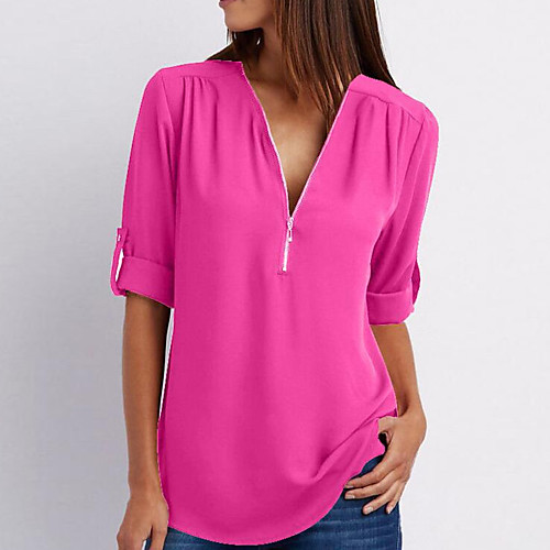 

Women's Blouse Shirt Solid Colored Zipper V Neck Tops Basic Top Watermelon Pink White Black