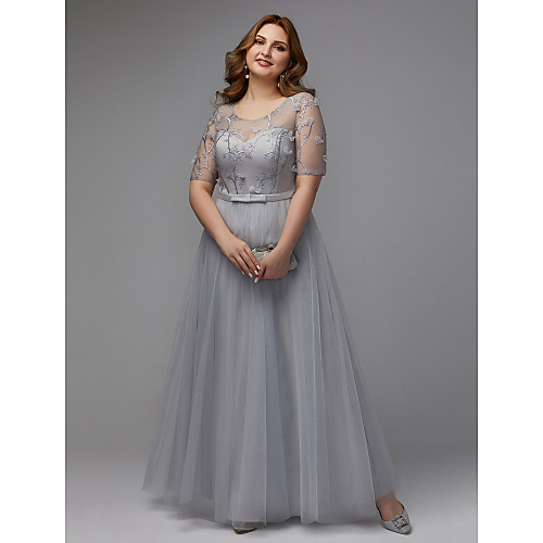 

A-Line Elegant Prom Dress Jewel Neck Half Sleeve Floor Length Tulle with Lace Insert 2021