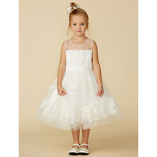 

A-Line Tea Length Wedding / First Communion Flower Girl Dresses - Lace Sleeveless Jewel Neck with Lace / Sash / Ribbon