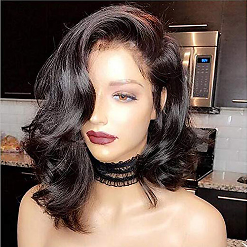 

Human Hair Lace Front Wig Bob Short Bob Wendy style Brazilian Hair Wavy Black Wig 130% Density with Baby Hair Natural Hairline For Black Women 100% Virgin Bleached Knots Women's Short Human Hair Lace