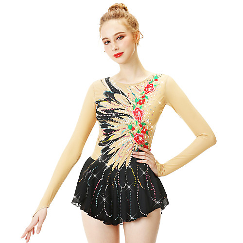 

Figure Skating Dress Women's Girls' Ice Skating Dress Black Flower Spandex Stretch Yarn High Elasticity Professional Competition Skating Wear Handmade Fashion Long Sleeve Ice Skating Winter Sports