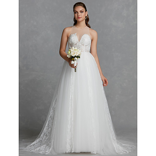 

A-Line Wedding Dresses Jewel Neck Court Train Lace Tulle Regular Straps Glamorous See-Through Backless with Lace 2021