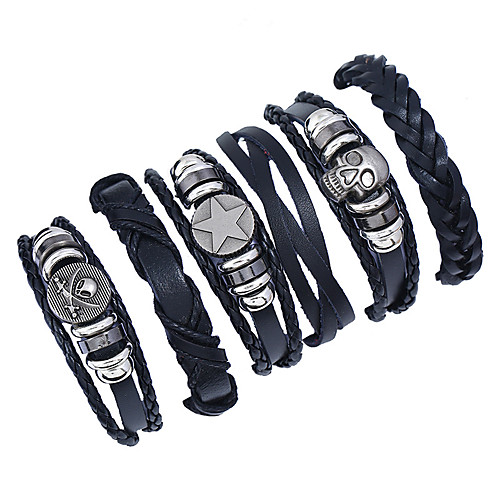 

Men's Wrap Bracelet Leather Bracelet Braided Rope Skull Star Vintage European Fashion Leather Bracelet Jewelry Black For Daily Street