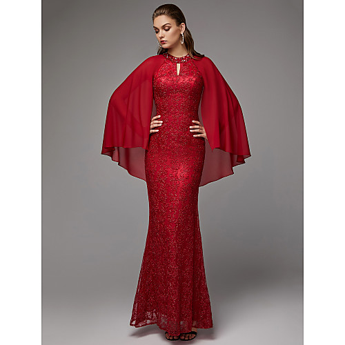 

Sheath / Column Sexy Wedding Guest Formal Evening Dress Jewel Neck Long Sleeve Floor Length Chiffon Lace with Beading Draping Lace Insert 2021