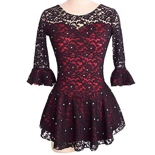 

Figure Skating Dress Women's Girls' Ice Skating Dress Black Spandex Lace Inelastic Training Competition Skating Wear Solid Colored Half Sleeve Ice Skating Figure Skating
