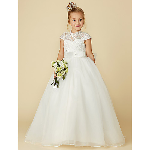 

Ball Gown Floor Length Wedding / First Communion Flower Girl Dresses - Lace / Tulle Short Sleeve High Neck with Lace / Sash / Ribbon / Bow(s)