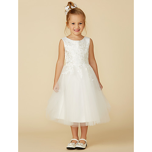

A-Line Tea Length Wedding / First Communion Flower Girl Dresses - Lace / Tulle Sleeveless Jewel Neck with Lace