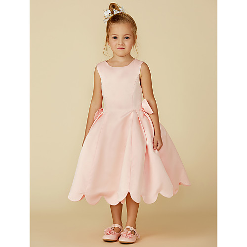 

Ball Gown Tea Length Pageant Flower Girl Dresses - Satin Sleeveless Jewel Neck with Bow(s)