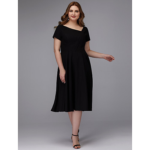 

A-Line Plus Size Wedding Guest Cocktail Party Dress V Neck Short Sleeve Tea Length Chiffon with Pleats 2021