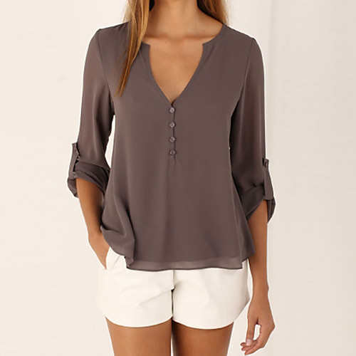 

Women's Solid Colored Loose Blouse Casual Going out Weekend Deep V Wine / White / Black / Blue / Purple / Fuchsia / Green / Gray
