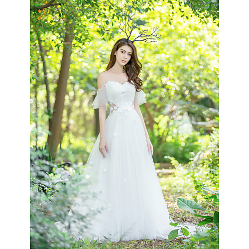 

Ball Gown Wedding Dresses Strapless Sweep / Brush Train Tulle Short Sleeve with Appliques 2021