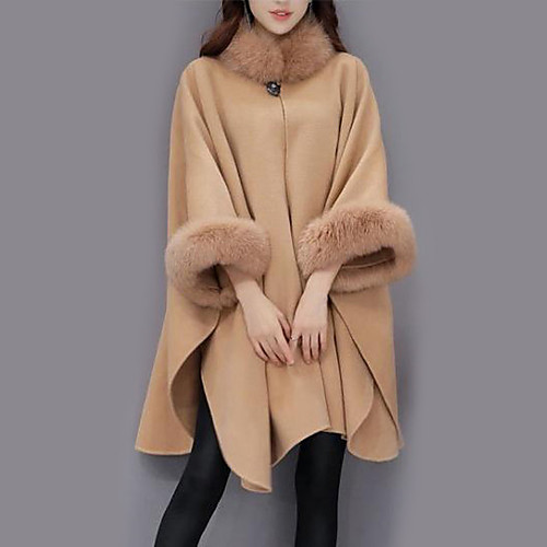 

Women's Fur Trim Solid Colored Streetwear Fall Cloak / Capes Long Daily Long Sleeve Wool Coat Tops Camel