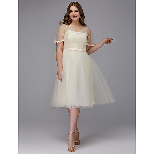 

A-Line Elegant Cocktail Party Prom Dress V Neck Short Sleeve Knee Length Lace Tulle with Sash / Ribbon Appliques 2021