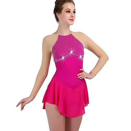 

Figure Skating Dress Women's Girls' Ice Skating Dress Fuchsia Spandex Stretch Yarn High Elasticity Training Competition Skating Wear Quick Dry Anatomic Design Handmade Classic Long Sleeve Performance