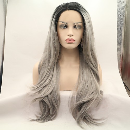 

Synthetic Lace Front Wig Loose Curl Layered Haircut Lace Front Wig Medium Length Grey Synthetic Hair 26 inch Women's Women Dark Gray Black Sylvia