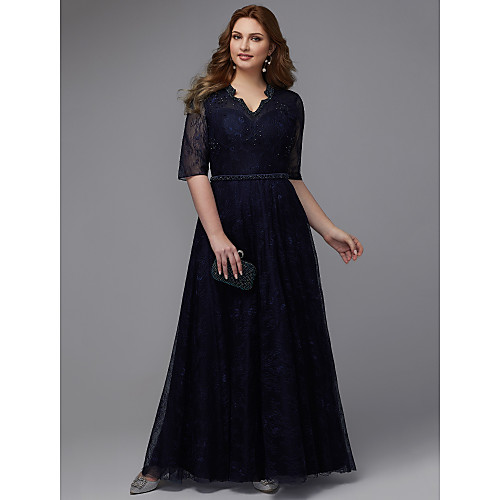 

A-Line Plus Size Wedding Guest Formal Evening Dress V Neck Half Sleeve Floor Length Lace with Beading 2021
