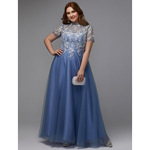 

A-Line Plus Size Prom Formal Evening Dress High Neck Short Sleeve Floor Length Lace Tulle with Appliques 2021