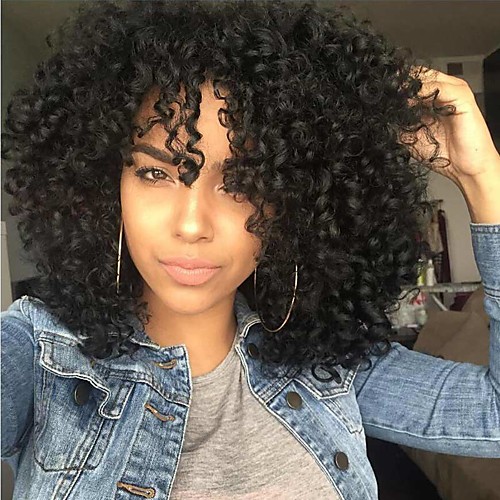 

Synthetic Extentions Afro Curly Bouncy Curl Asymmetrical With Bangs Wig Short Natural Black Black / Brown Synthetic Hair 14 inch Women's Women Black Dark Brown