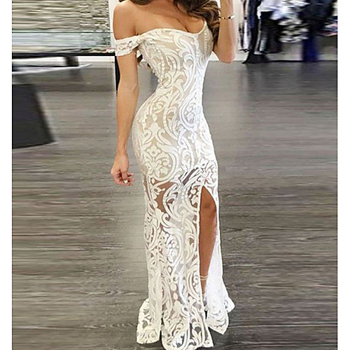 

Women's Asymmetrical Bodycon Dress - Sleeveless Solid Color Paisley Lace Split Off Shoulder Sexy Cocktail Party Prom Birthday White S M L XL