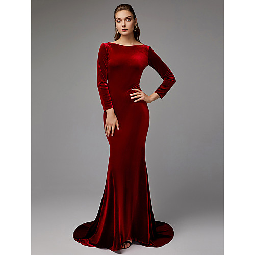 

Mermaid / Trumpet Elegant & Luxurious Elegant Formal Evening Black Tie Gala Dress Boat Neck Long Sleeve Sweep / Brush Train Velvet with Sash / Ribbon 2021