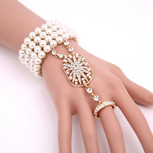 

Women's Clear Cubic Zirconia Ring Bracelet / Slave bracelet Beads Slaves Of Gold Ladies Vintage 1920s Imitation Pearl Bracelet Jewelry Black / Rose Gold / Gold For Party Masquerade