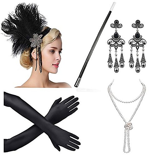 

The Great Gatsby Charleston Vintage 1920s Roaring Twenties Costume Accessory Sets Flapper Headband Women's Feather Costume Head Jewelry Pearl Necklace Black / Golden / GoldenBlack Vintage Cosplay