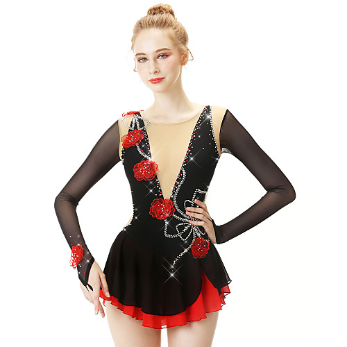 

21Grams Figure Skating Dress Women's Girls' Ice Skating Dress Black Swan Flower Spandex Stretch Yarn High Elasticity Professional Competition Skating Wear Handmade Fashion Long Sleeve Ice Skating