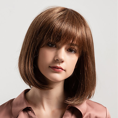 

Human Hair Capless Wigs Human Hair Natural Straight Bob / Side Part / Short Hairstyles 2019 New Arrival / Natural Hairline Brown Medium Length Capless Wig Women's