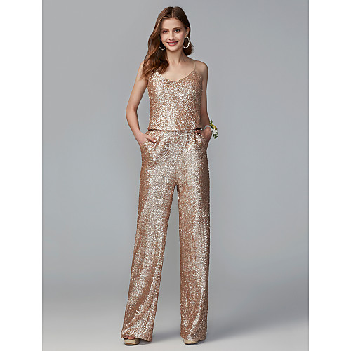 

Jumpsuits Spaghetti Strap Floor Length Sequined Bridesmaid Dress with Sequin / Two Piece