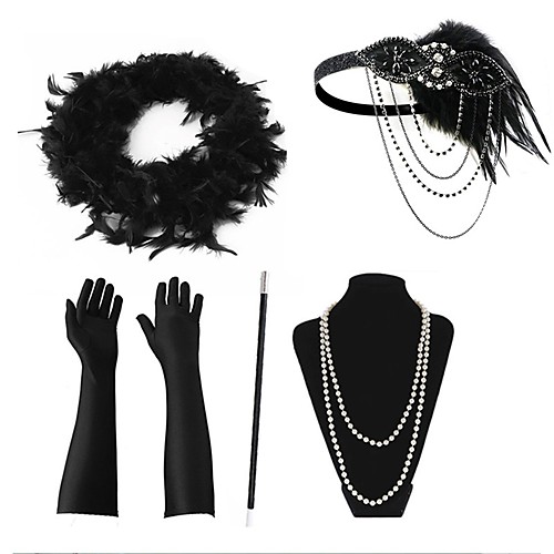 

The Great Gatsby Charleston 1920s The Great Gatsby Roaring 20s Gloves Flapper Headband Scarf Women's Tassel Costume Head Jewelry Pearl Necklace Black / Red / black / BlackSliver Vintage Cosplay