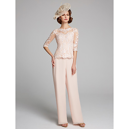 

Pantsuit / Jumpsuit Mother of the Bride Dress Bateau Neck Floor Length Chiffon Lace 3/4 Length Sleeve with Lace 2021