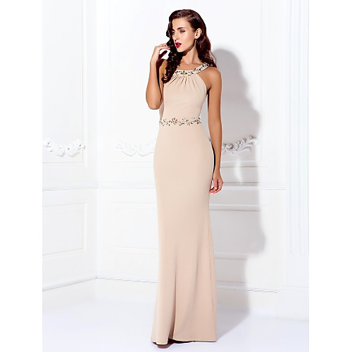 

Sheath / Column Beautiful Back Minimalist Elegant Prom Formal Evening Dress Halter Neck Sleeveless Floor Length Spandex with Beading 2021